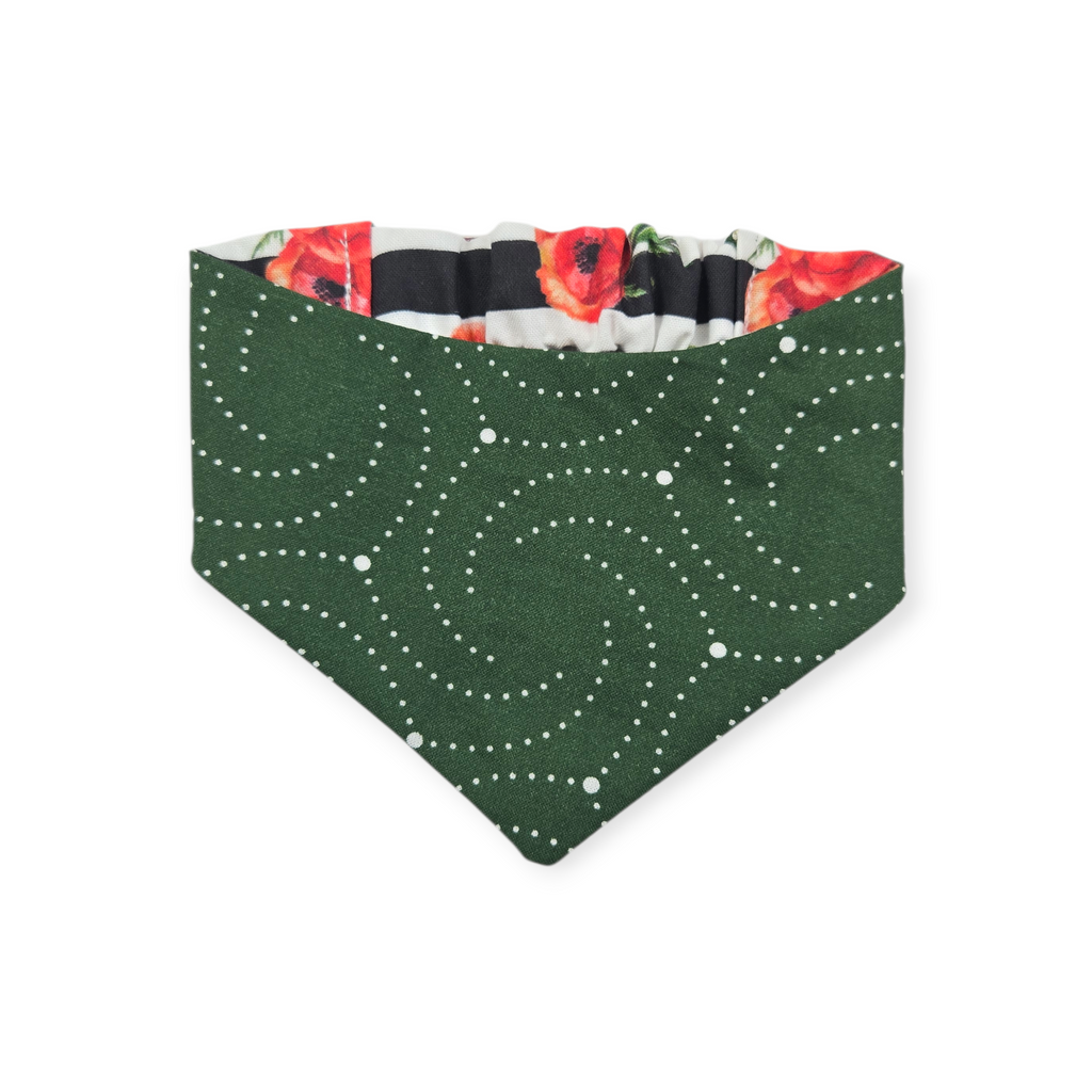 Poppies on Stripes/Dark Olive Swirl Reversible Slip-on Scrunchie Bandana (X-Small/Small)
