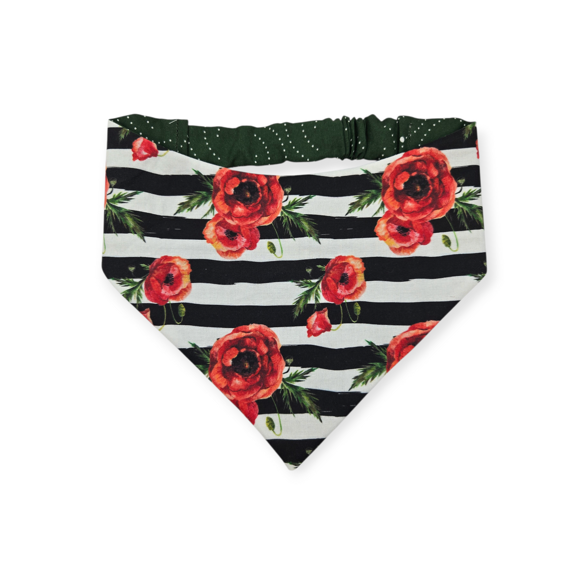 Poppies on Stripes/Dark Olive Swirl Reversible Slip-on Scrunchie Bandana (Large)