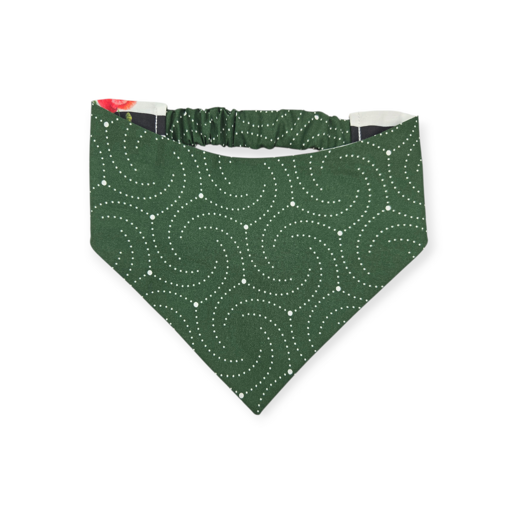Poppies on Stripes/Dark Olive Swirl Reversible Slip-on Scrunchie Bandana (Large)