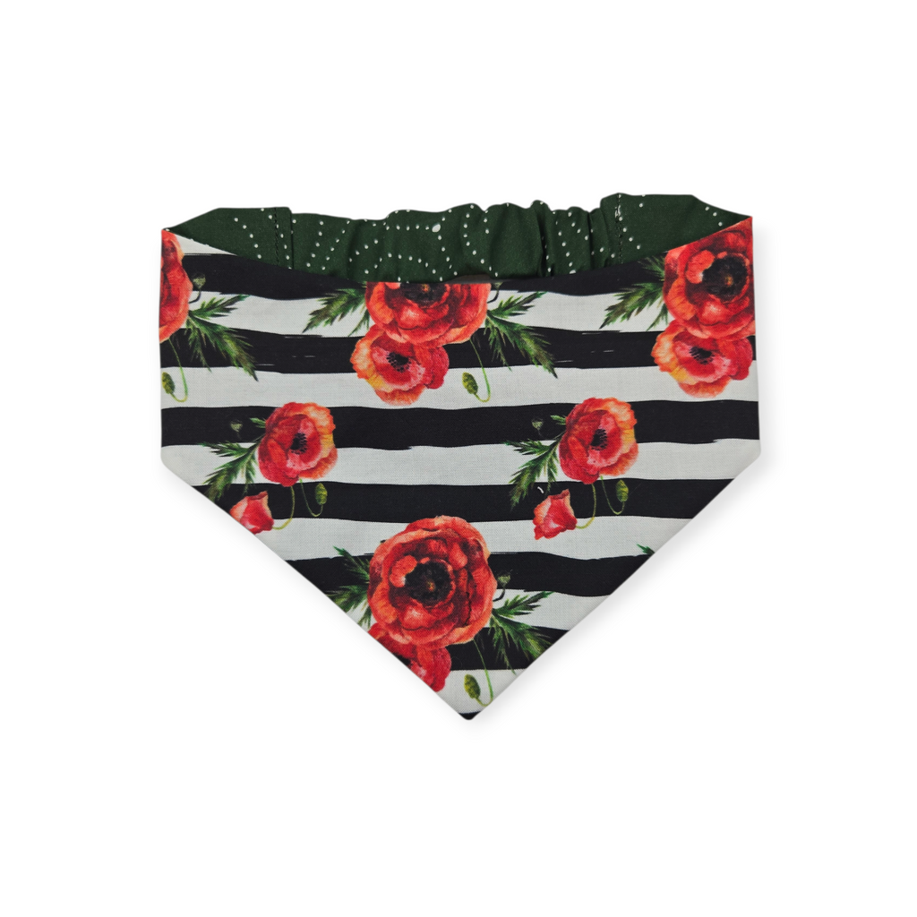 Poppies on Stripes/Dark Olive Swirl Reversible Slip-on Scrunchie Bandana (Small/Medium)