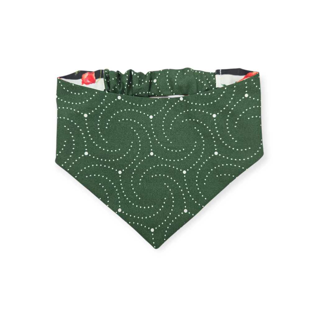 Poppies on Stripes/Dark Olive Swirl Reversible Slip-on Scrunchie Bandana (Medium)