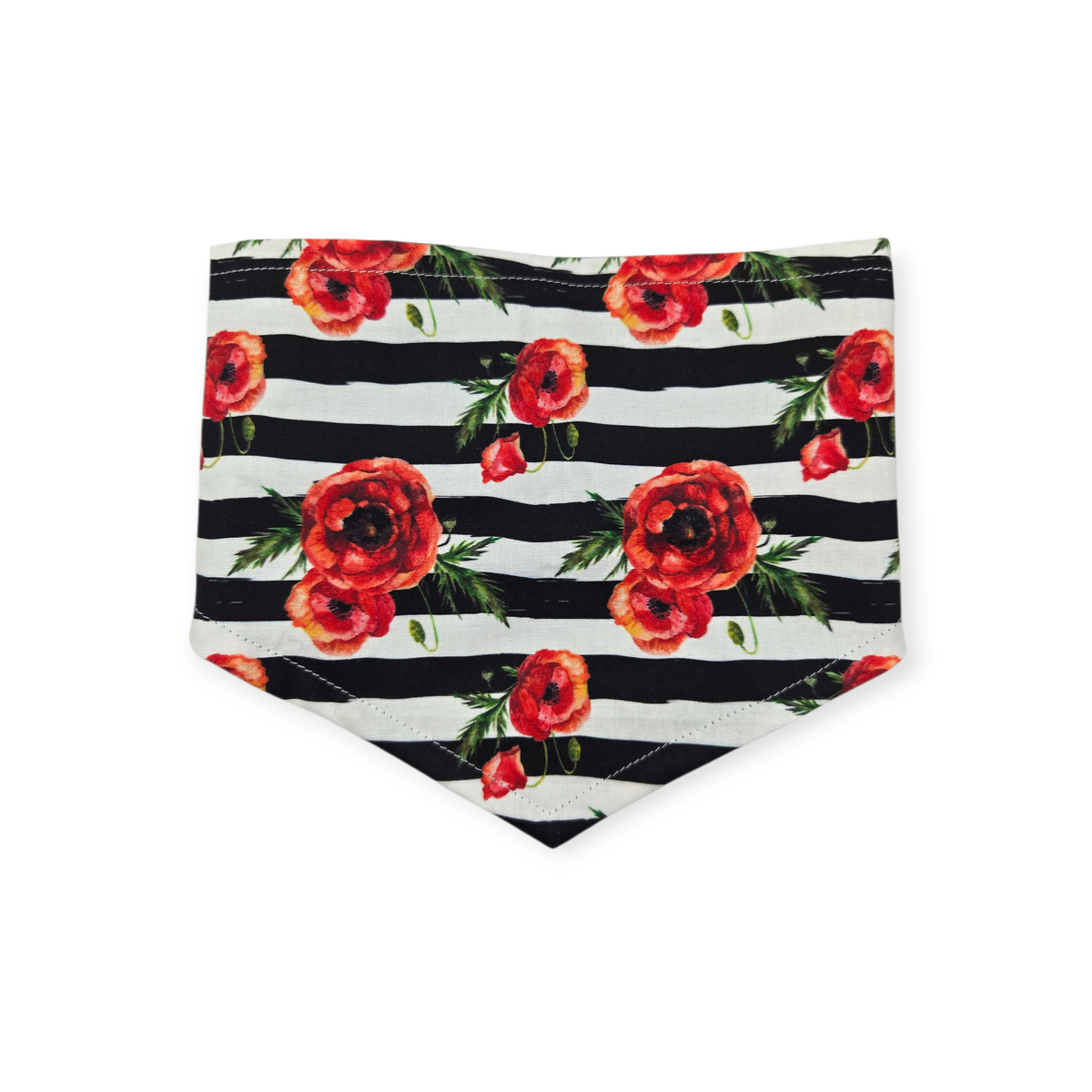 Poppies on Stripes/Dark Olive Swirl Reversible Tie-on Bandana (Small)