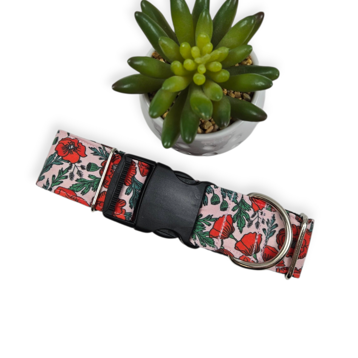Poppy Floral on Pink Dog collar (Large, 1.5" wide)