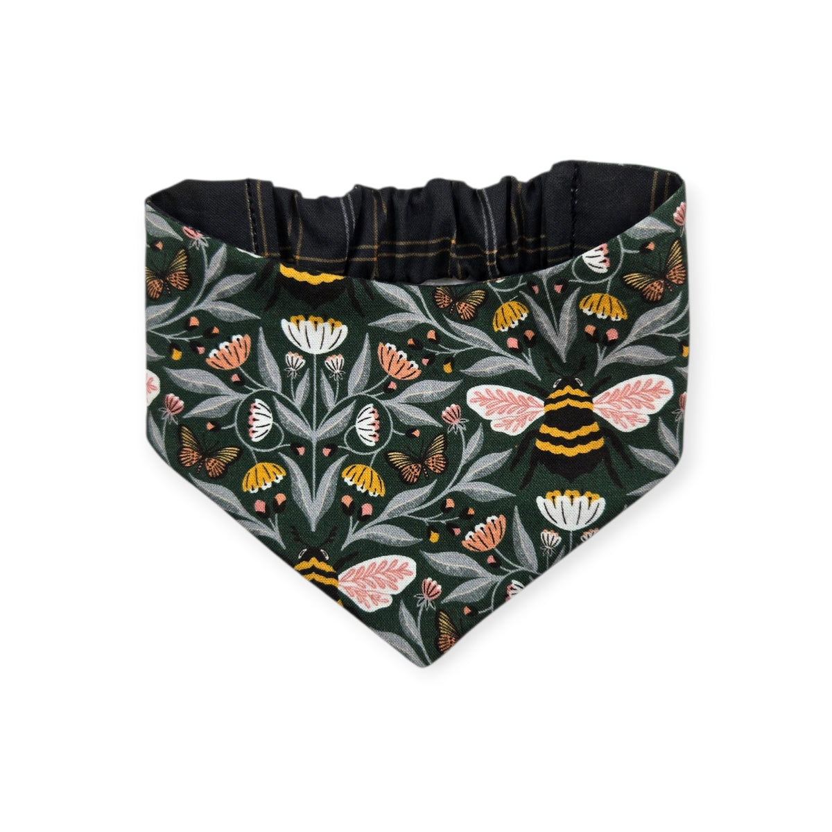Honey Garden Bee-utiful Bees/Black Plaid Reversible Slip-on Scrunchie Bandana (Small)