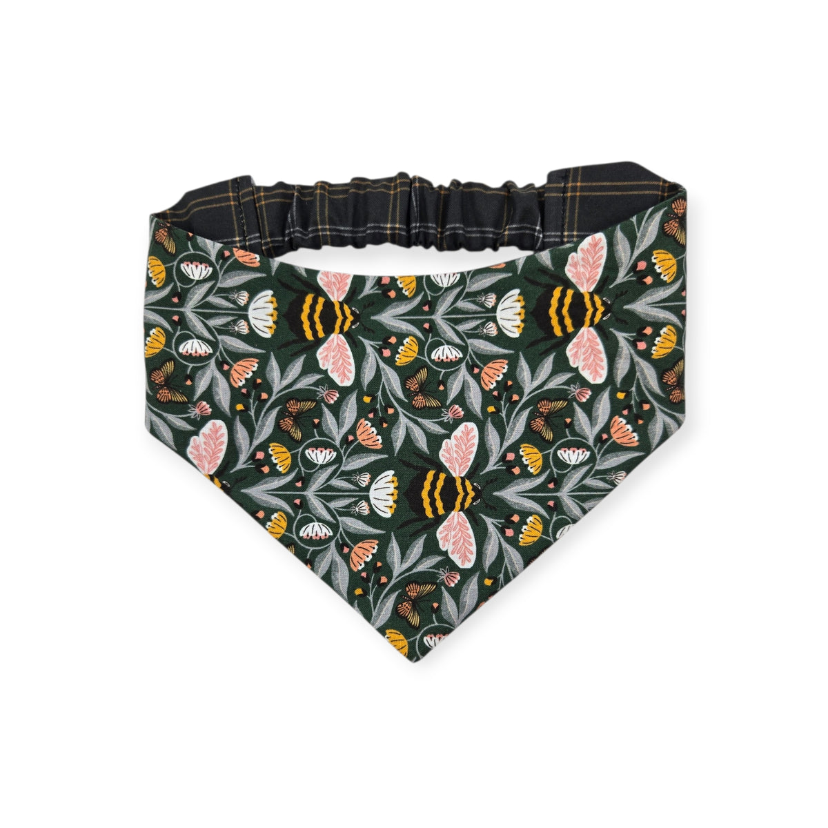 Honey Garden Bee-utiful Bees/Black Plaid Reversible Slip-on Scrunchie Bandana (Medium)