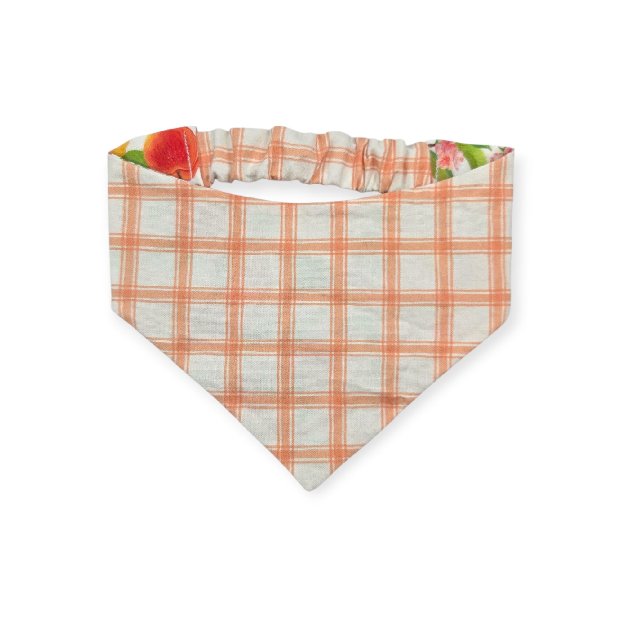 Peach Tree on White/Peach Windowpane Plaid Reversible Slip-on Scrunchie Bandana (Medium)