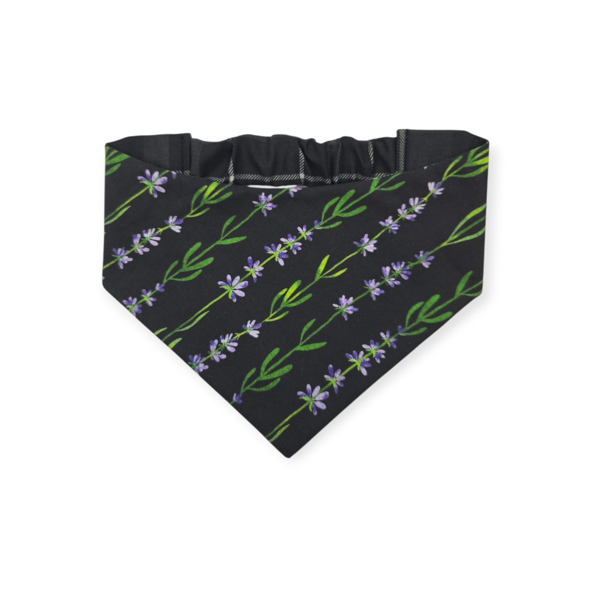 Dark Lavender Wildflowers/Black Plaid Reversible Slip-on Scrunchie Bandana (Medium)