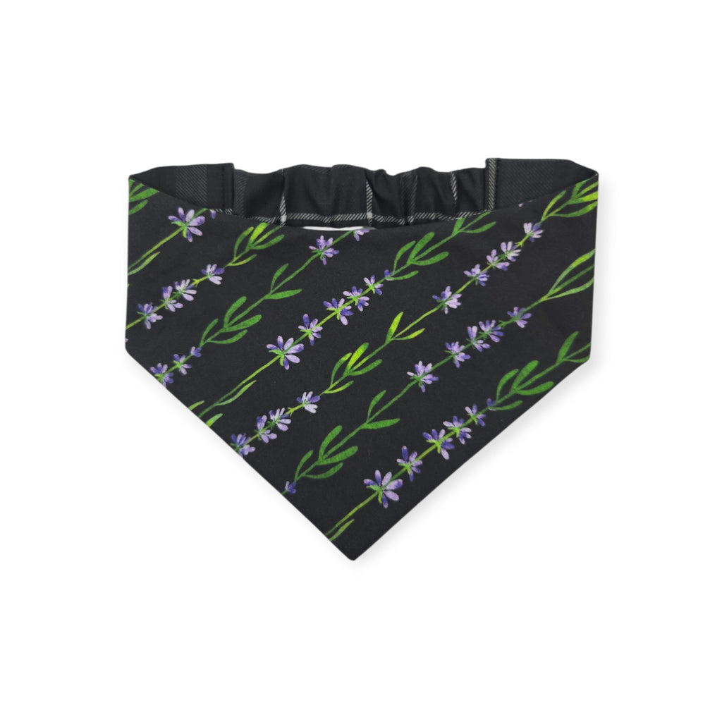 Dark Lavender Wildflowers/Black Plaid Reversible Slip-on Scrunchie Bandana (Small/Medium)