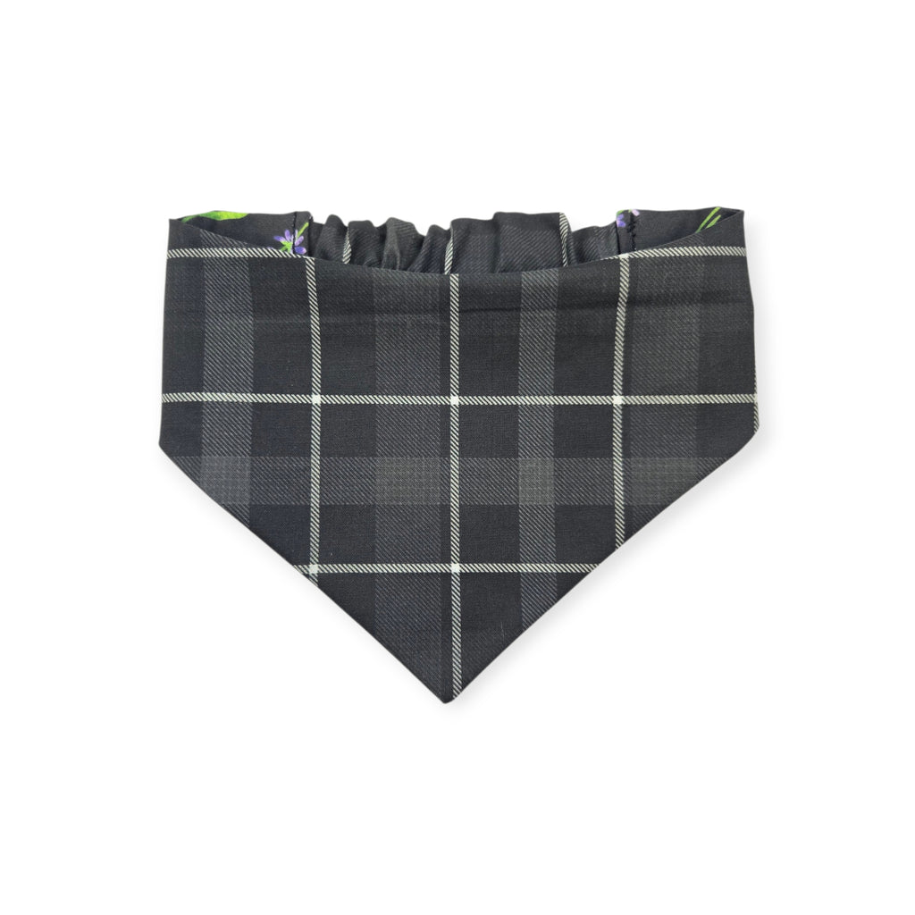 Dark Lavender Wildflowers/Black Plaid Reversible Slip-on Scrunchie Bandana (Small/Medium)