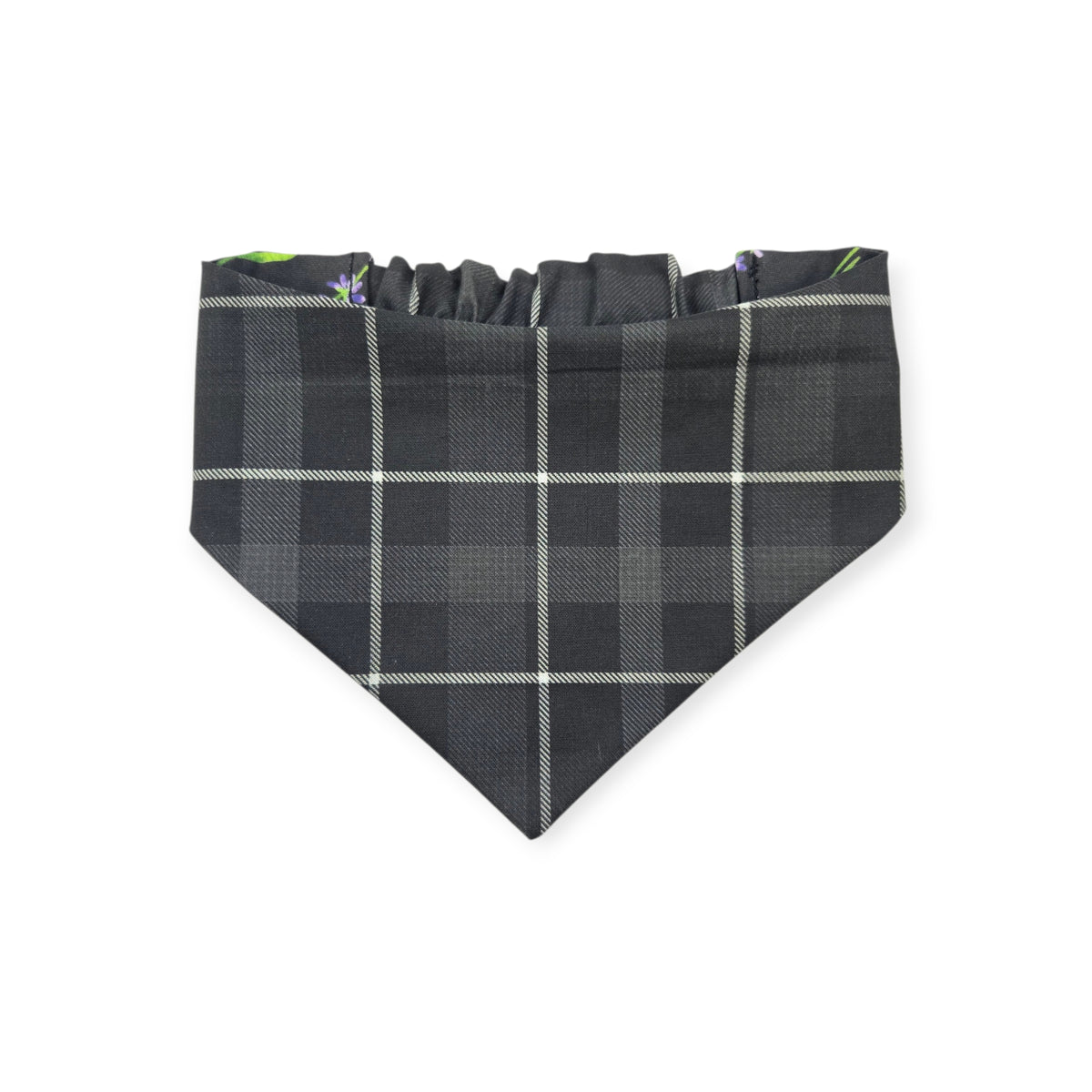 Dark Lavender Wildflowers/Black Plaid Reversible Slip-on Scrunchie Bandana (Small/Medium)