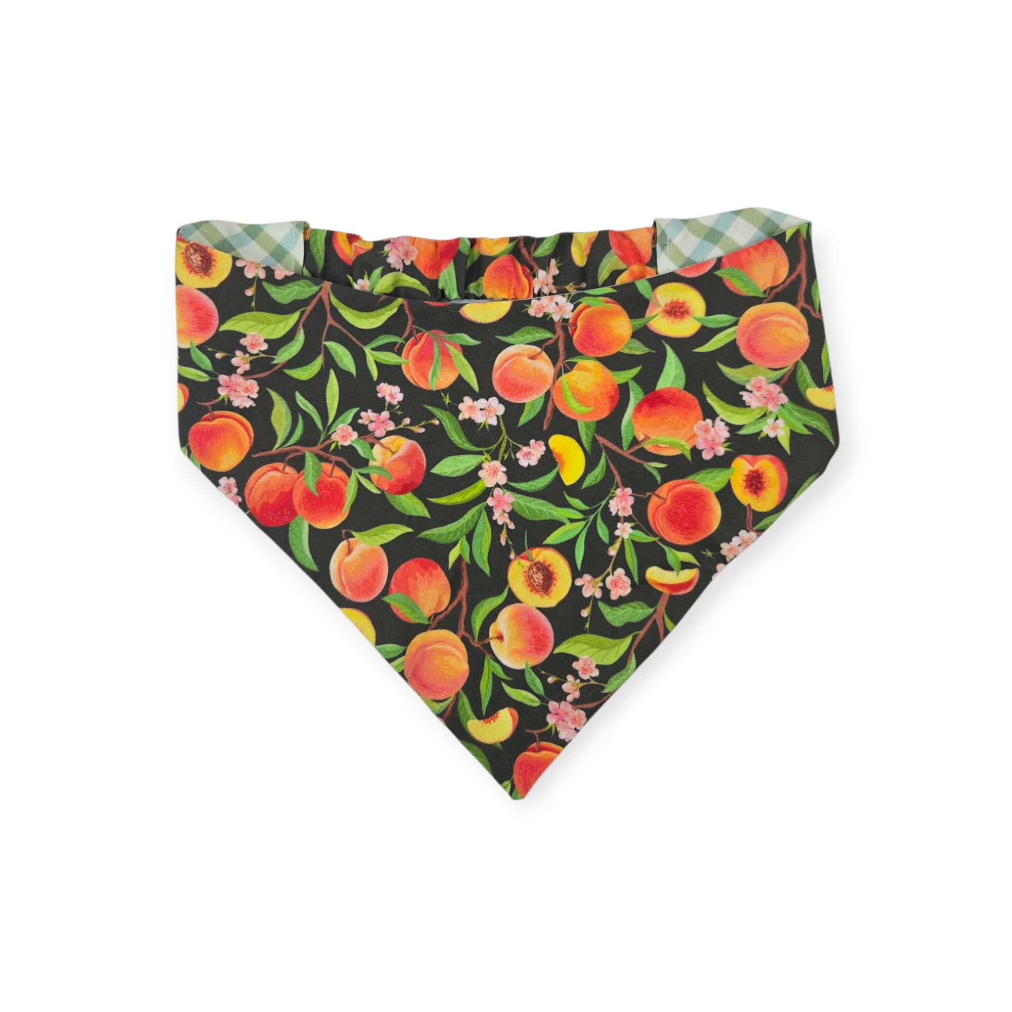 Peach Tree on Black/Green & Blue Spring Plaid Reversible Slip-on Scrunchie Bandana (Large)