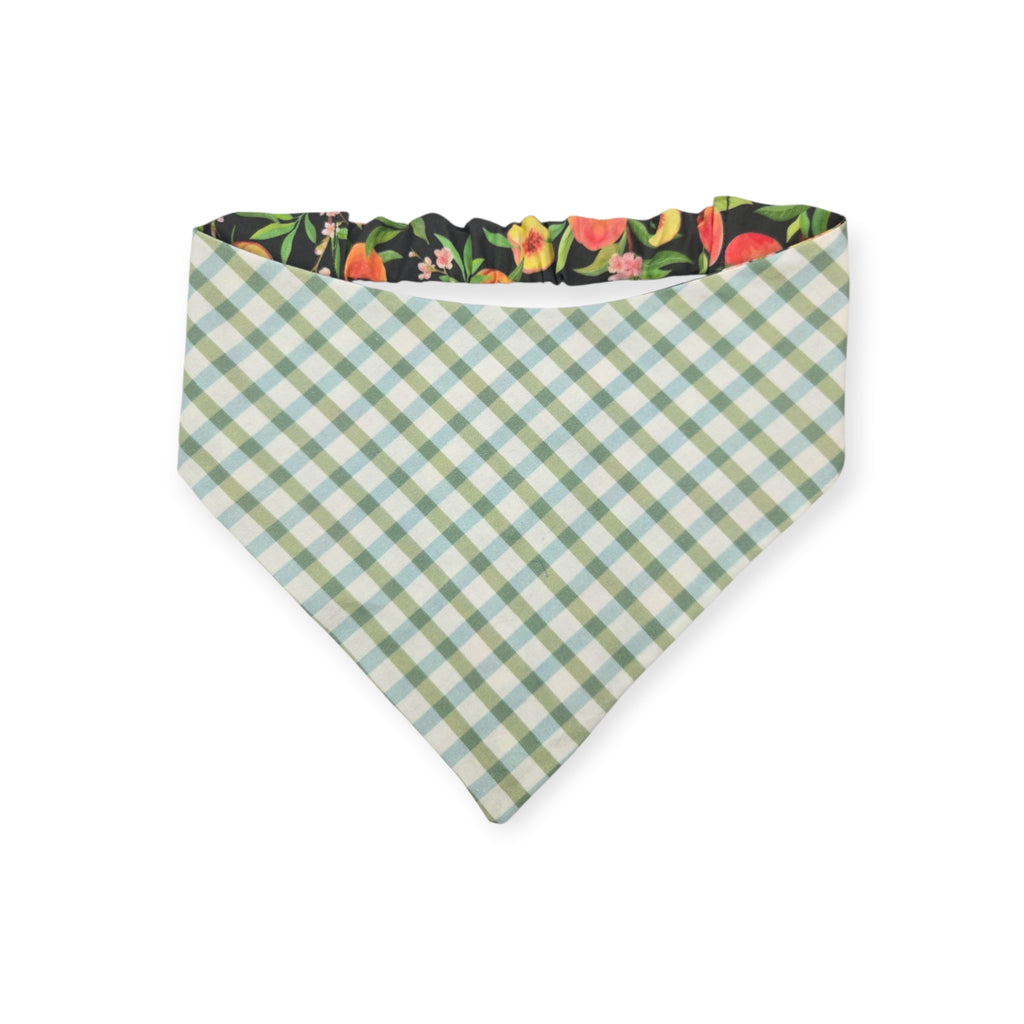 Peach Tree on Black/Green & Blue Spring Plaid Reversible Slip-on Scrunchie Bandana (Large)