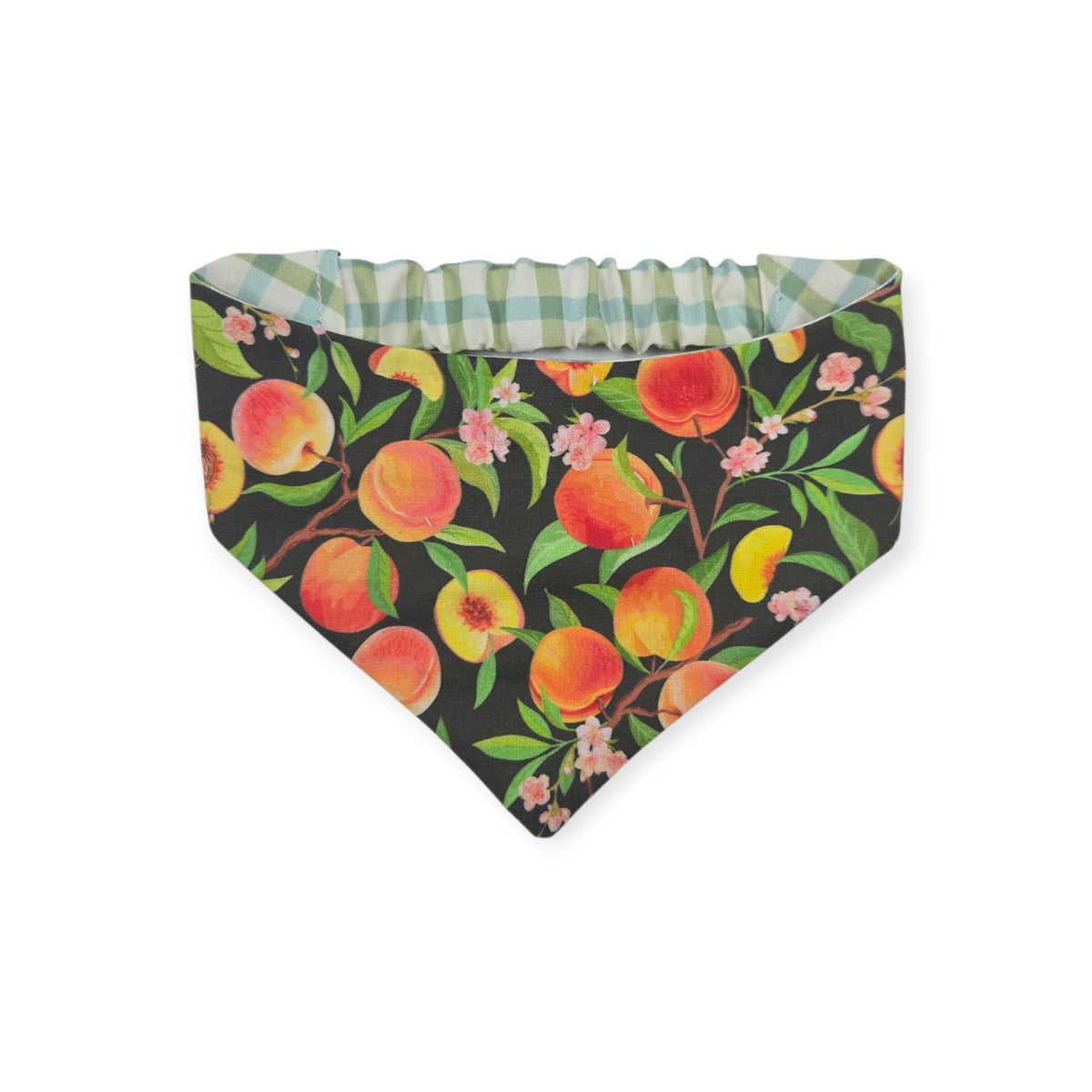 Peach Tree on Black/Green & Blue Spring Plaid Reversible Slip-on Scrunchie Bandana (Medium/Large)