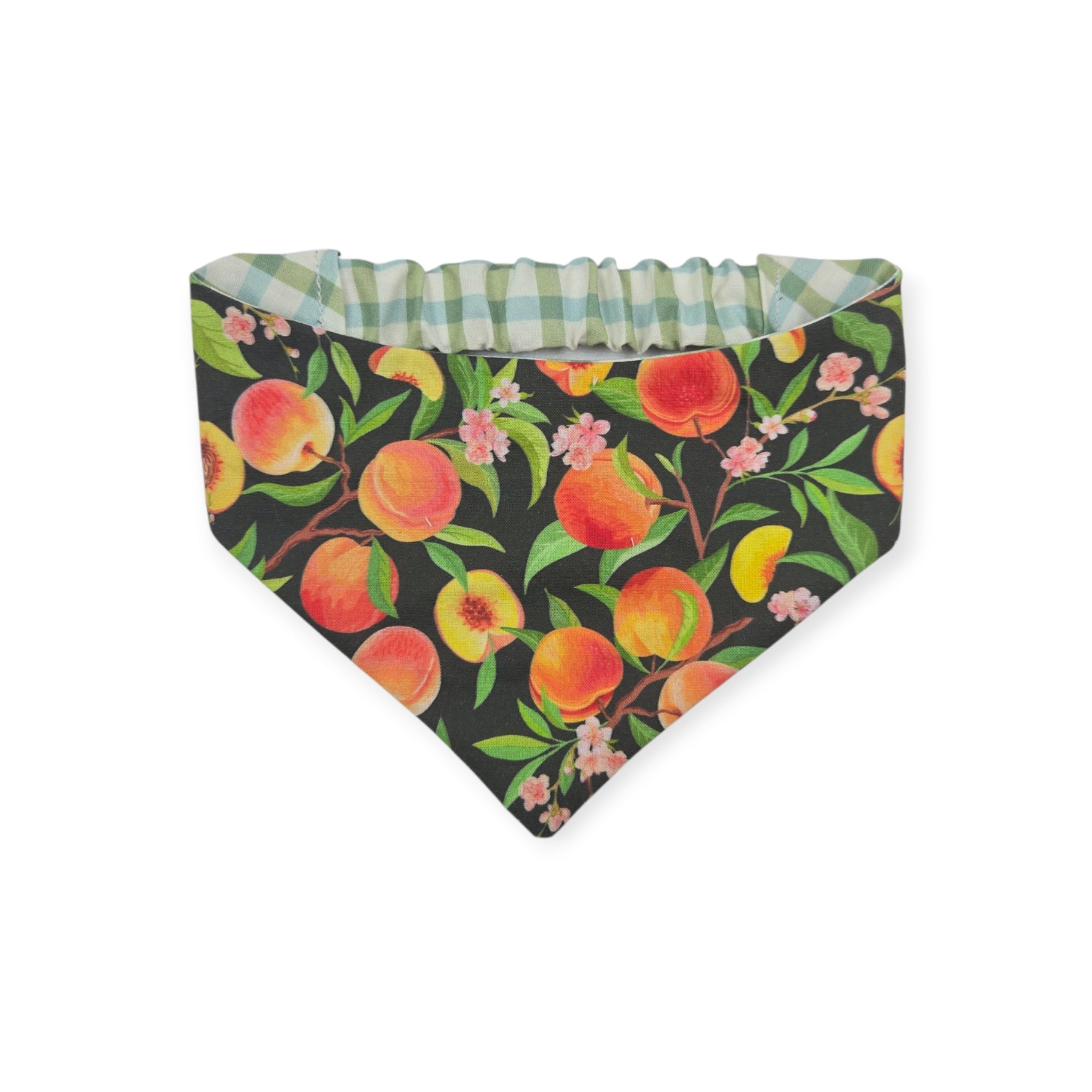 Peach Tree on Black/Green & Blue Spring Plaid Reversible Slip-on Scrunchie Bandana (Small/Medium)