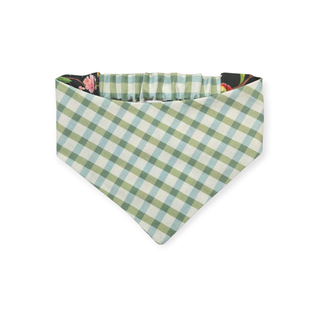Peach Tree on Black/Green & Blue Spring Plaid Reversible Slip-on Scrunchie Bandana (Small/Medium)