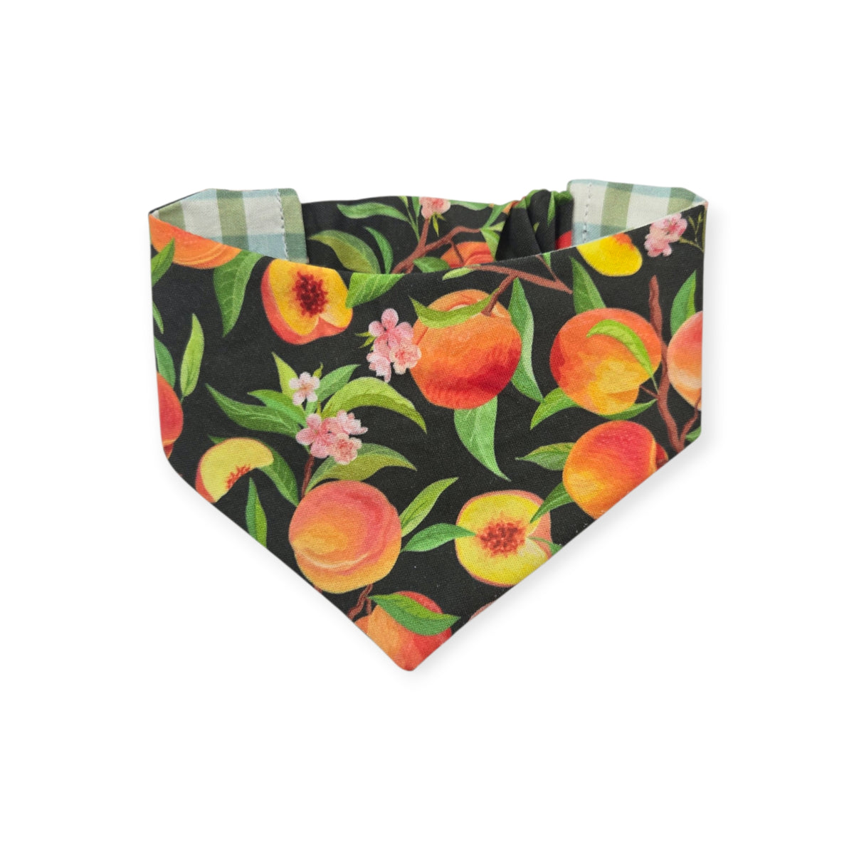 Peach Tree on Black/Green & Blue Spring Plaid Reversible Slip-on Scrunchie Bandana (X-Small)