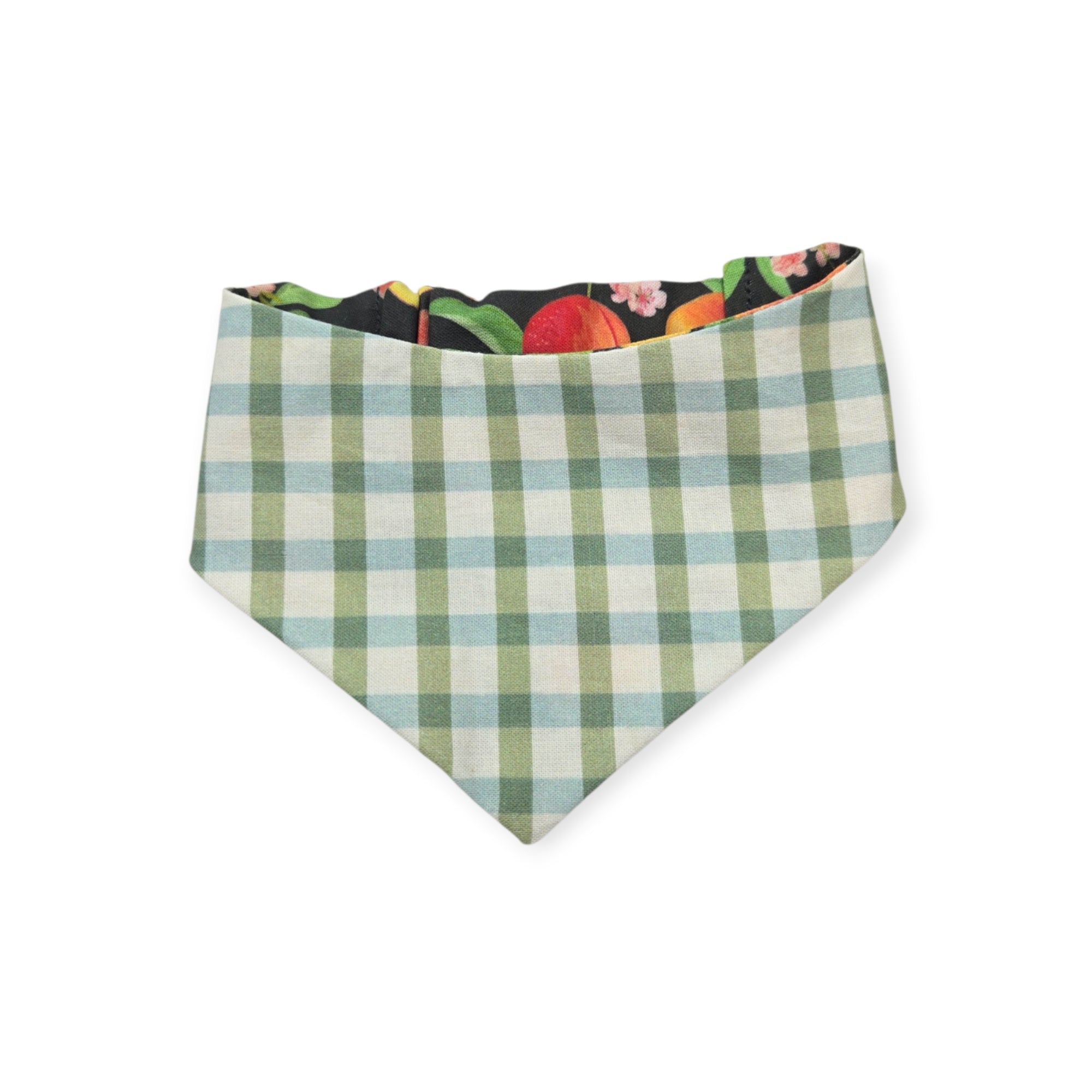 Peach Tree on Black/Green & Blue Spring Plaid Reversible Slip-on Scrunchie Bandana (X-Small)
