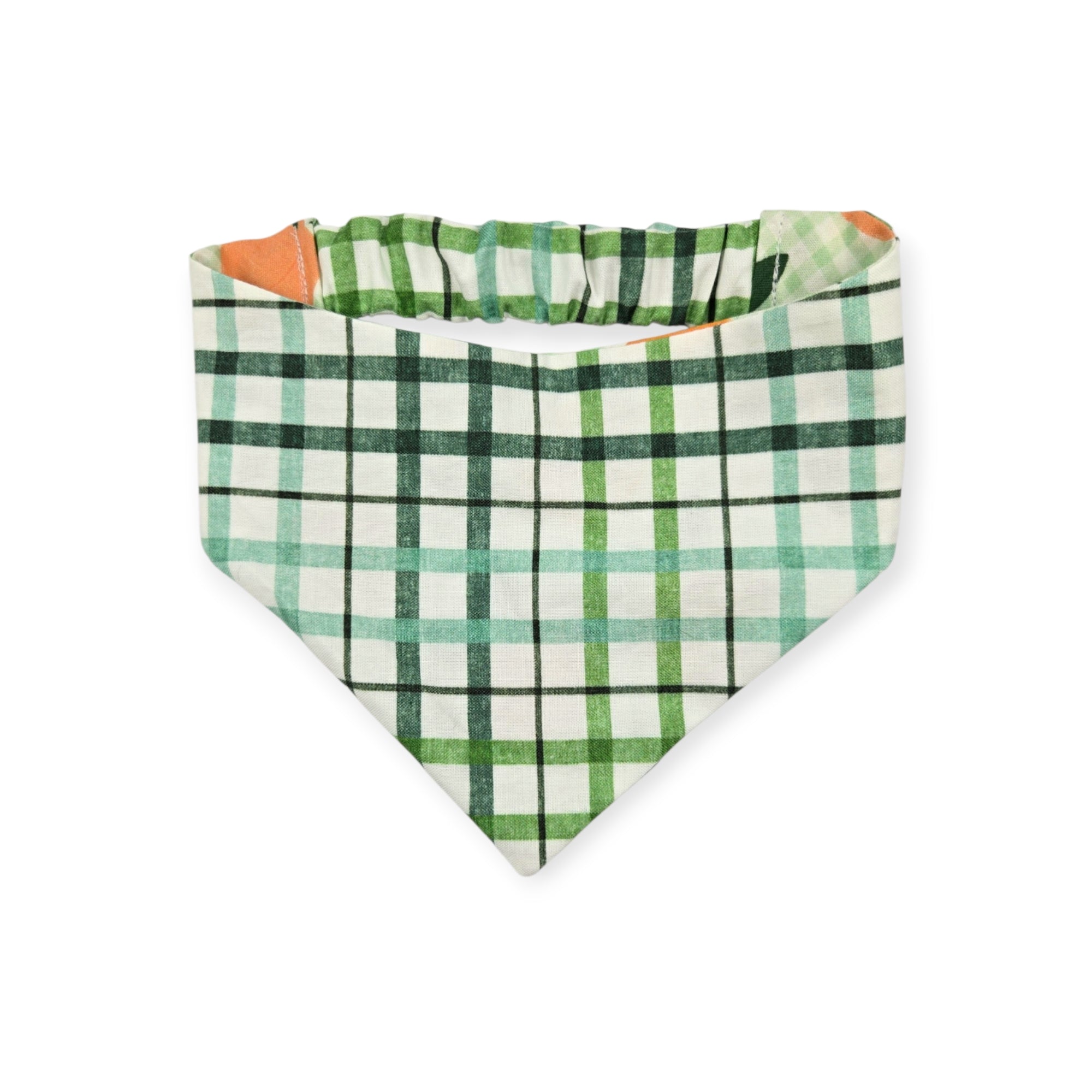 Peaches and Leaves Gingham Plaid/Multi Green Plaid Reversible Slip-on Scrunchie Bandana (Medium)