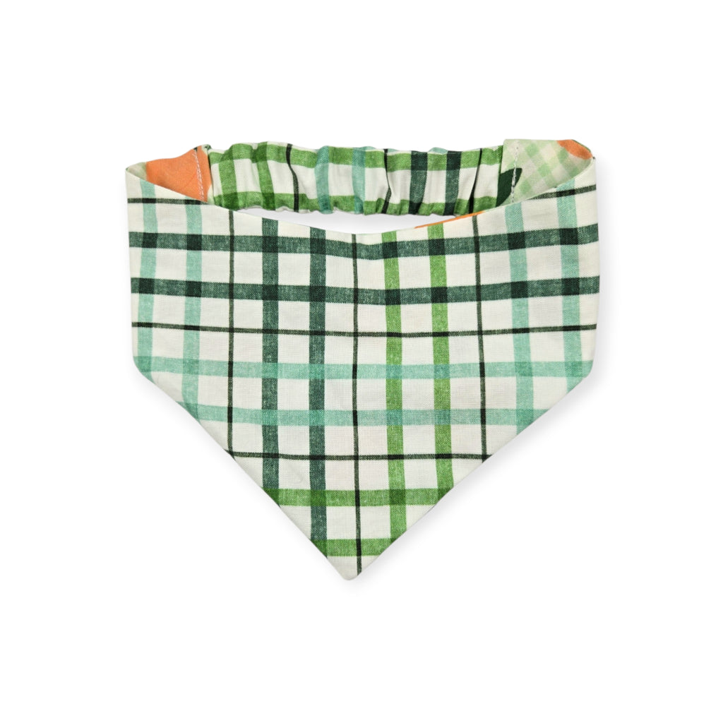 Peaches and Leaves Gingham Plaid/Multi Green Plaid Reversible Slip-on Scrunchie Bandana (Small/Medium)
