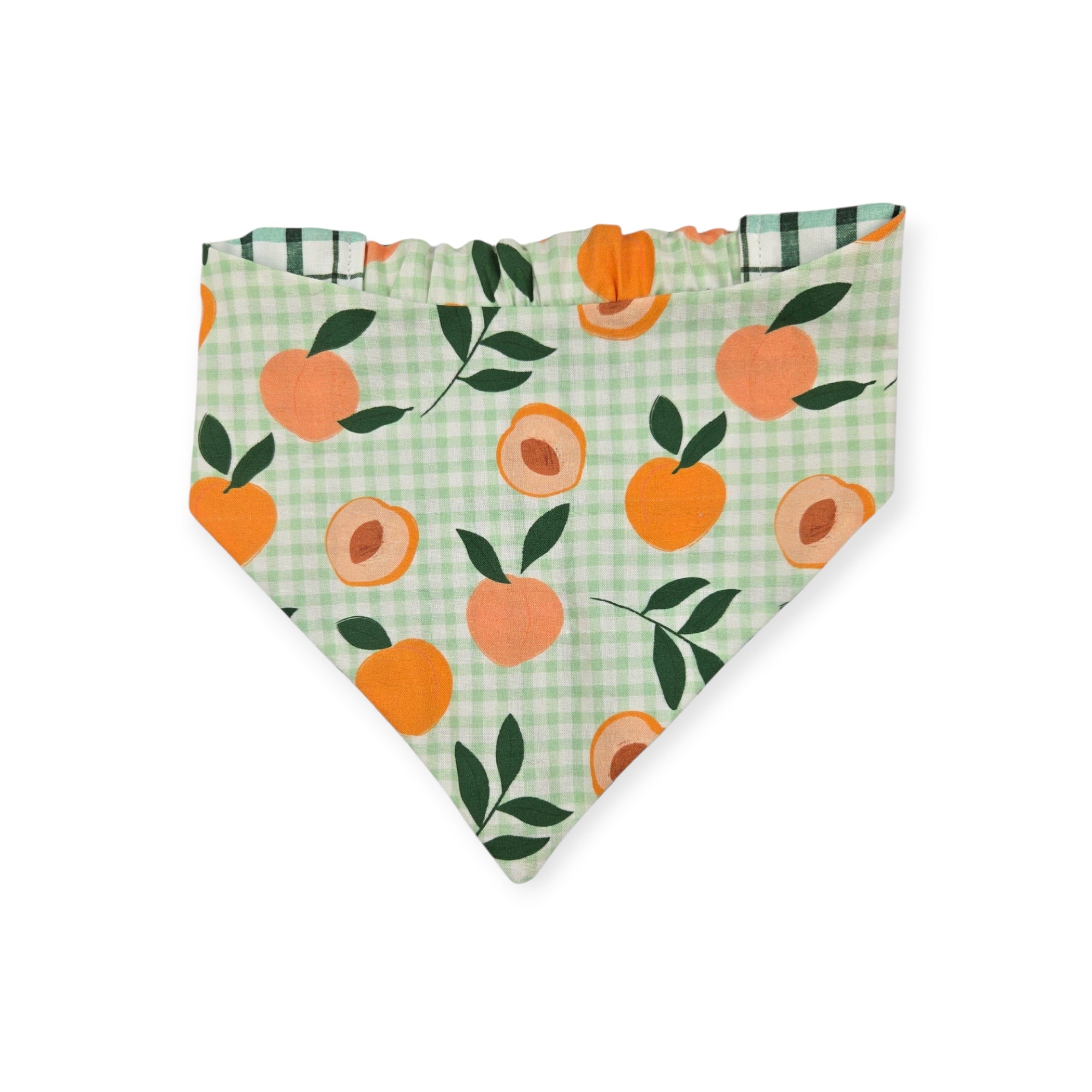 Peaches and Leaves Gingham Plaid/Multi Green Plaid Reversible Slip-on Scrunchie Bandana (X-Large)