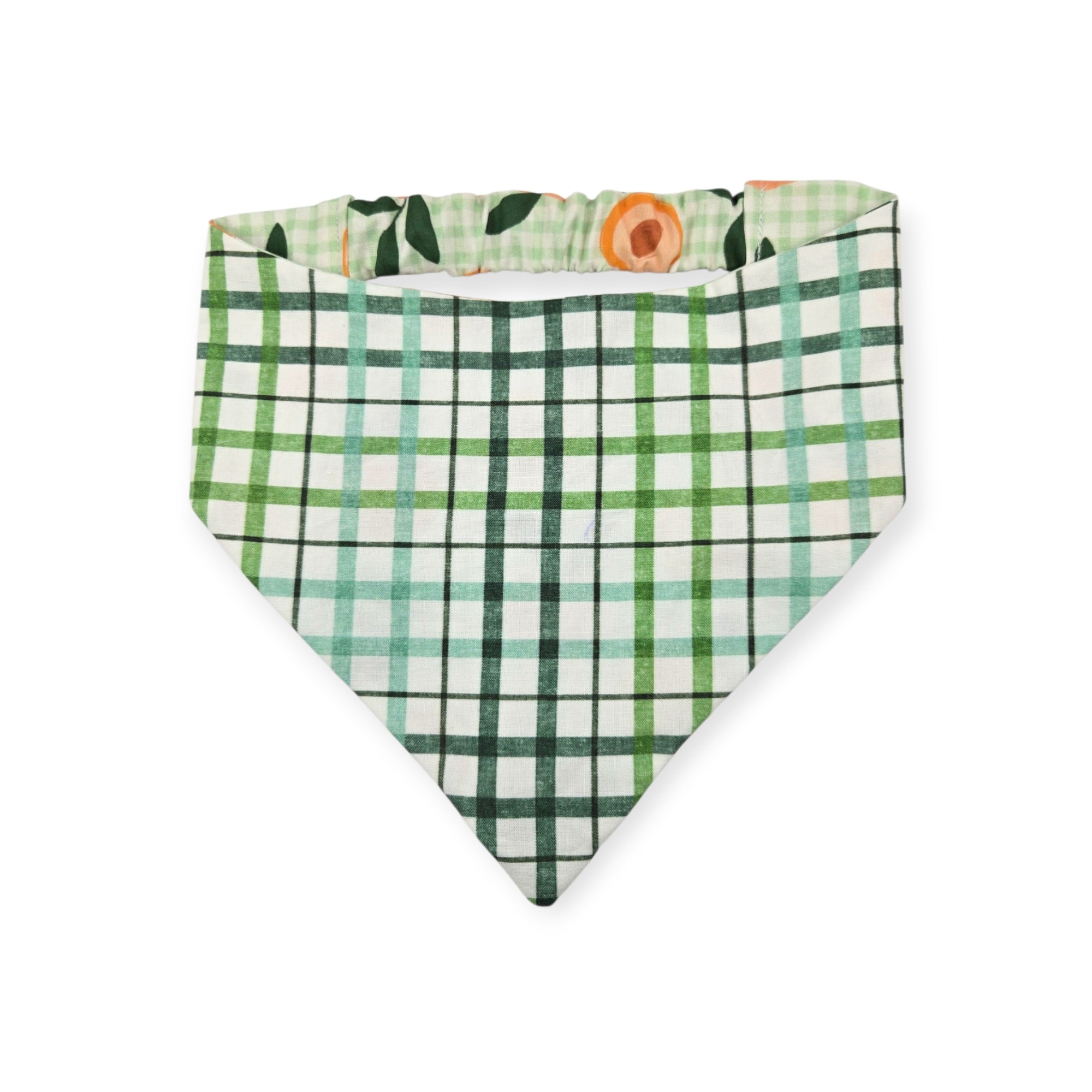 Peaches and Leaves Gingham Plaid/Multi Green Plaid Reversible Slip-on Scrunchie Bandana (Large)