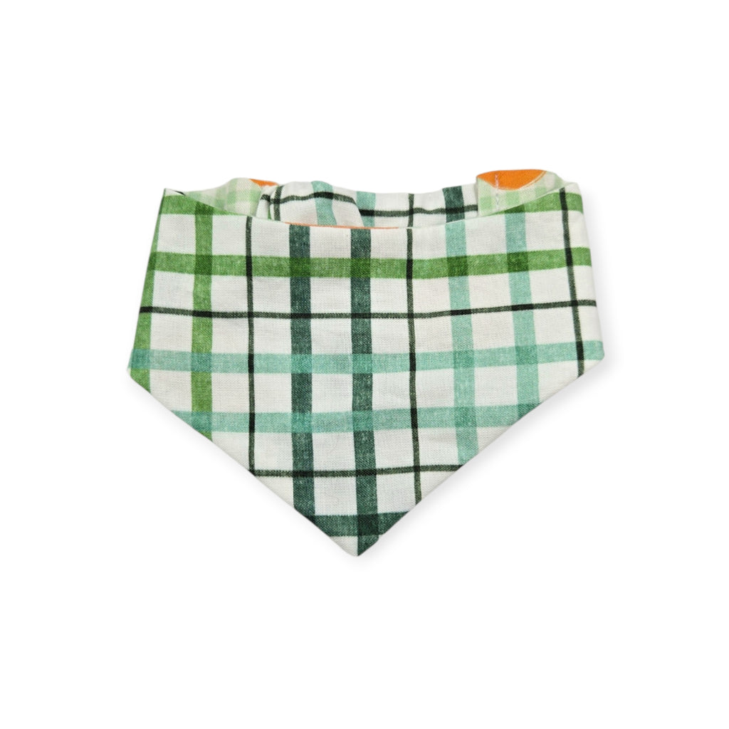 Peaches and Leaves Gingham Plaid/Multi Green Plaid Reversible Slip-on Scrunchie Bandana (X-Small/Small)