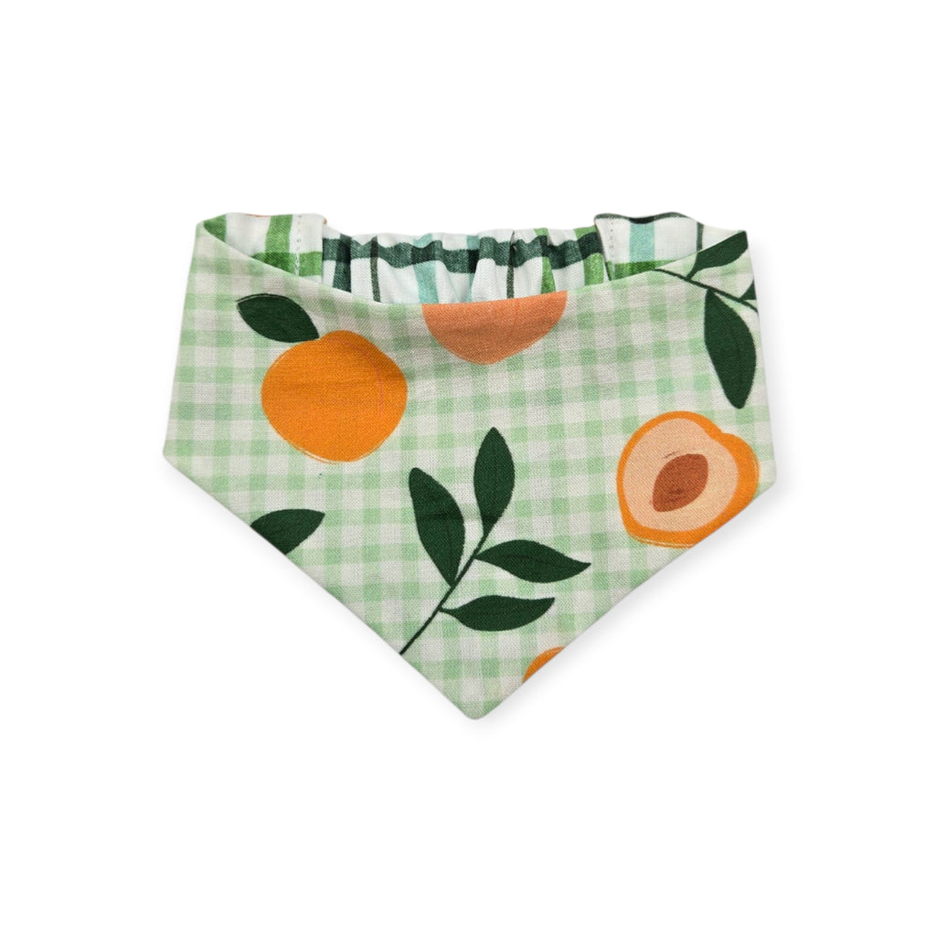 Peaches and Leaves Gingham Plaid/Multi Green Plaid Reversible Slip-on Scrunchie Bandana (Small)