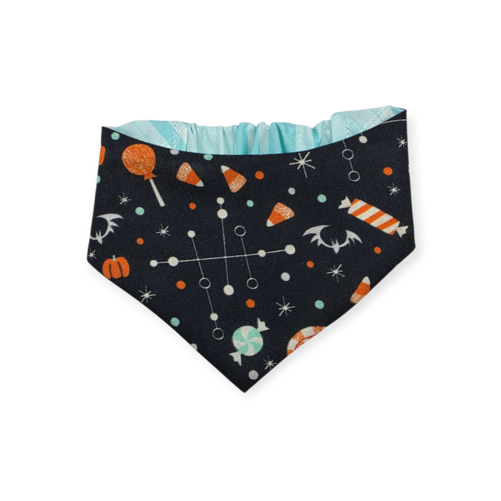 Halloween Candy/Faded Madras Diagonal Plaid Reversible Slip-on Scrunchie Bandana (X-Small/Small)