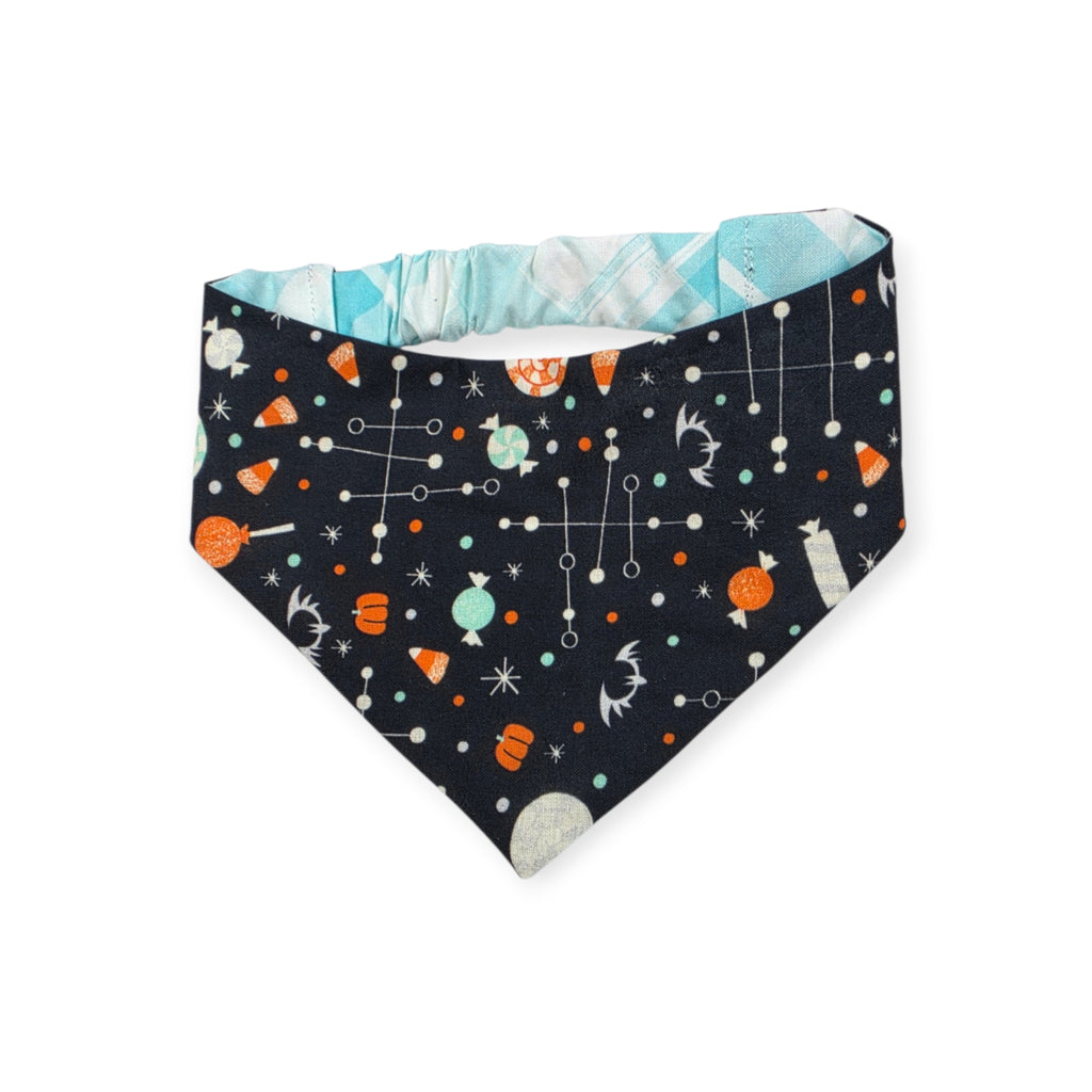 Halloween Candy/Faded Madras Diagonal Plaid Reversible Slip-on Scrunchie Bandana (Medium/Large)