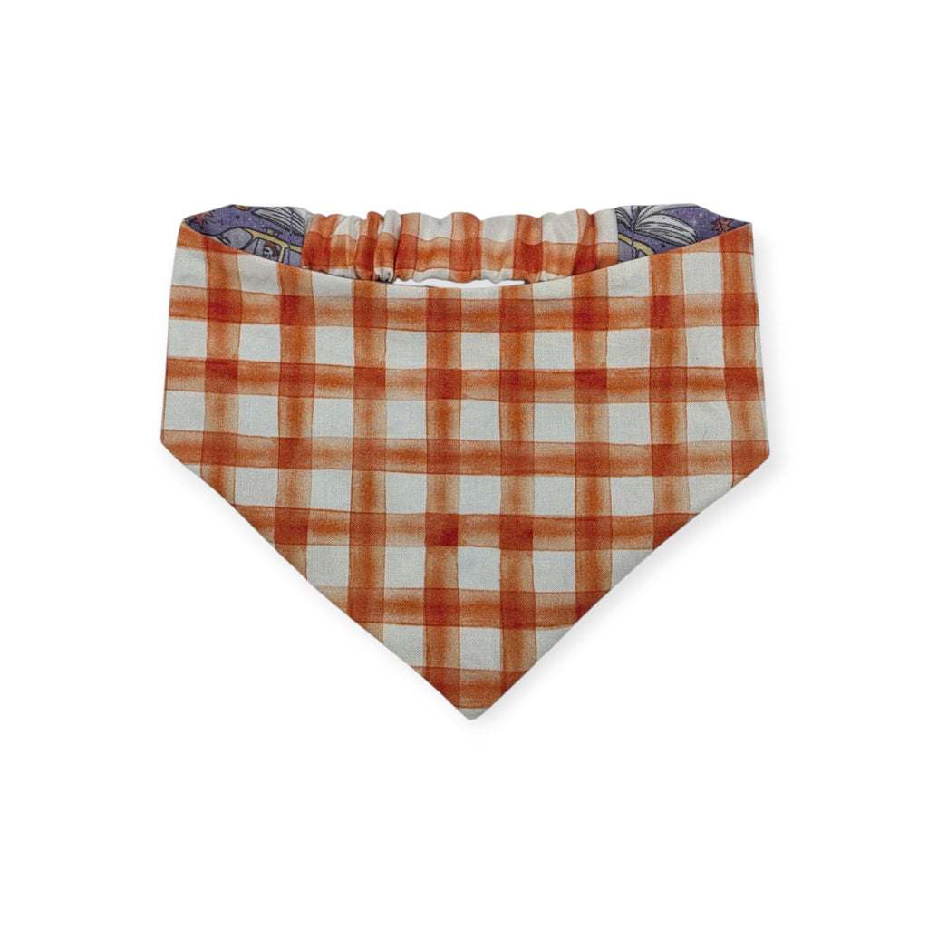 Halloweentown/Orange Painted Gingham Check Reversible Slip-on Scrunchie Bandana (Small)