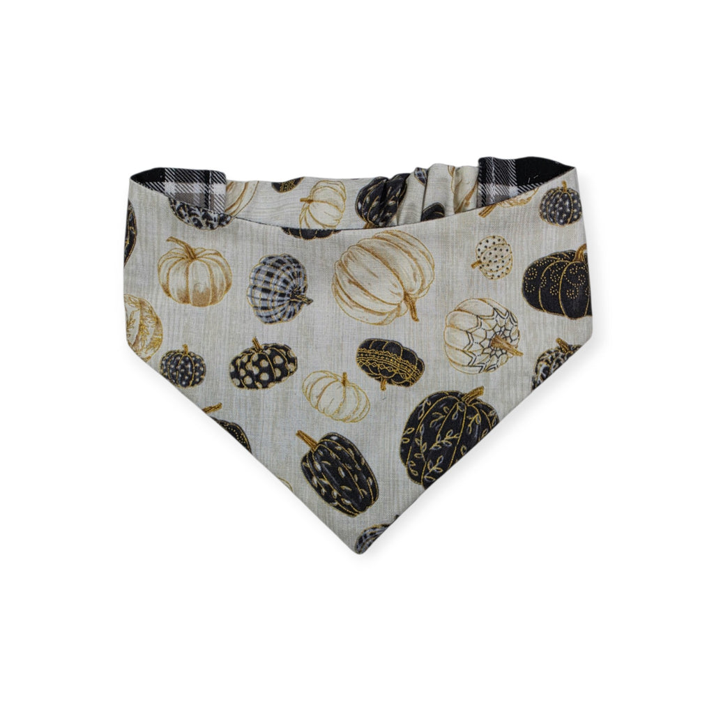 Pumpkin Quilt/Gray & Tan Plaid Reversible Reversible Slip-on Scrunchie Bandana (Small/Medium)