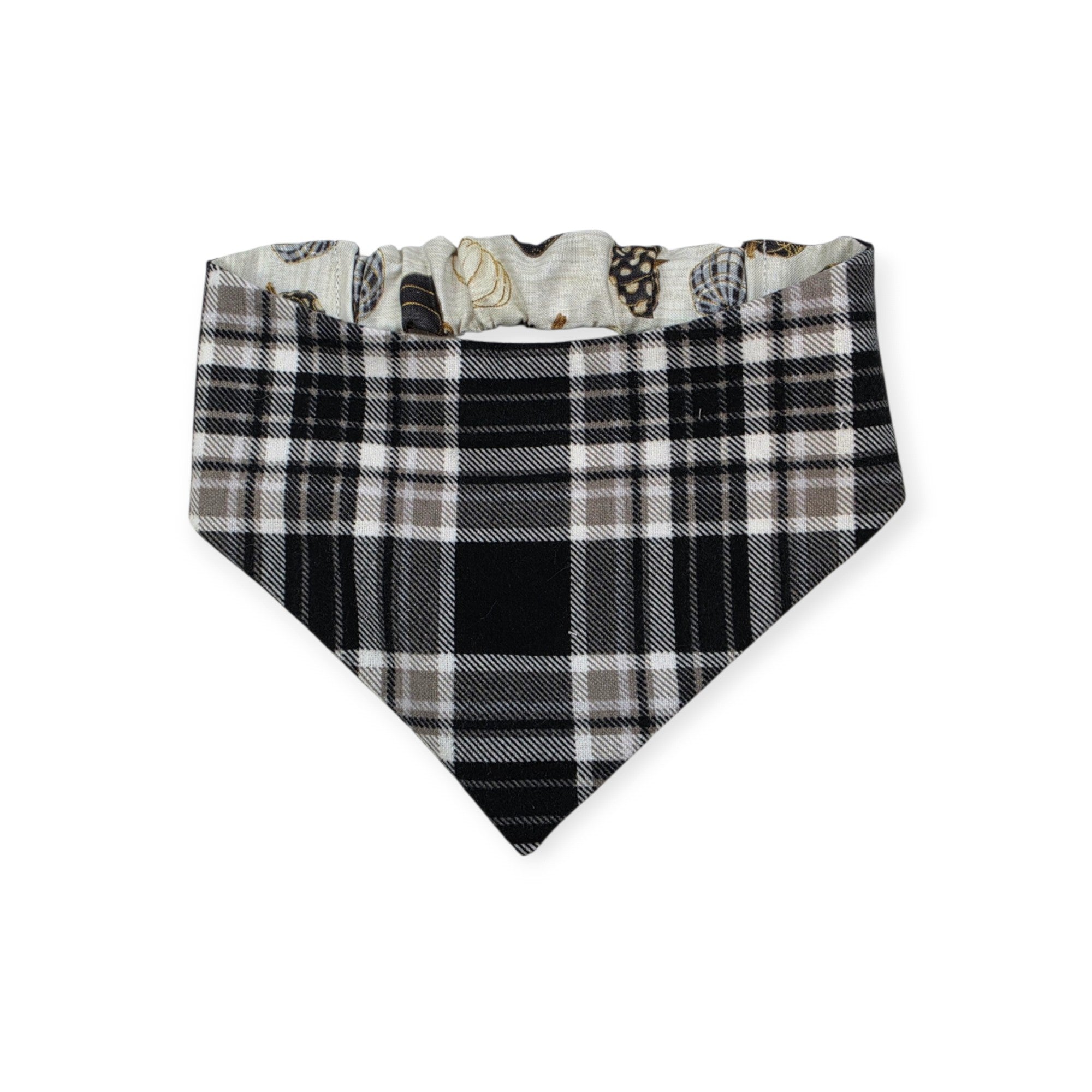 Pumpkin Quilt/Gray & Tan Plaid Reversible Reversible Slip-on Scrunchie Bandana (Small/Medium)