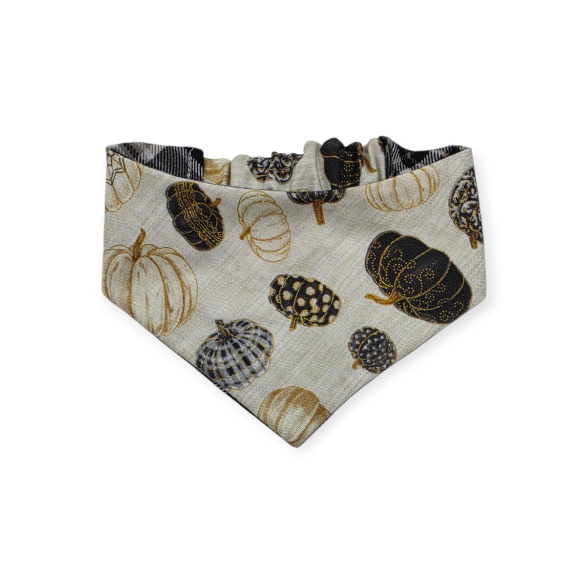 Pumpkin Quilt/Gray & Tan Plaid Reversible Slip-on Scrunchie Bandana (X-Small/Small)