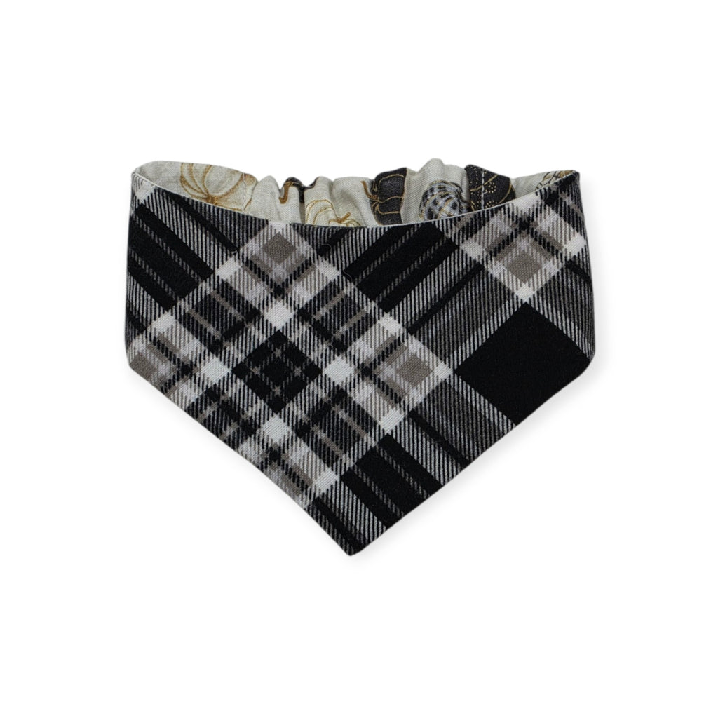 Pumpkin Quilt/Gray & Tan Plaid Reversible Slip-on Scrunchie Bandana (X-Small/Small)