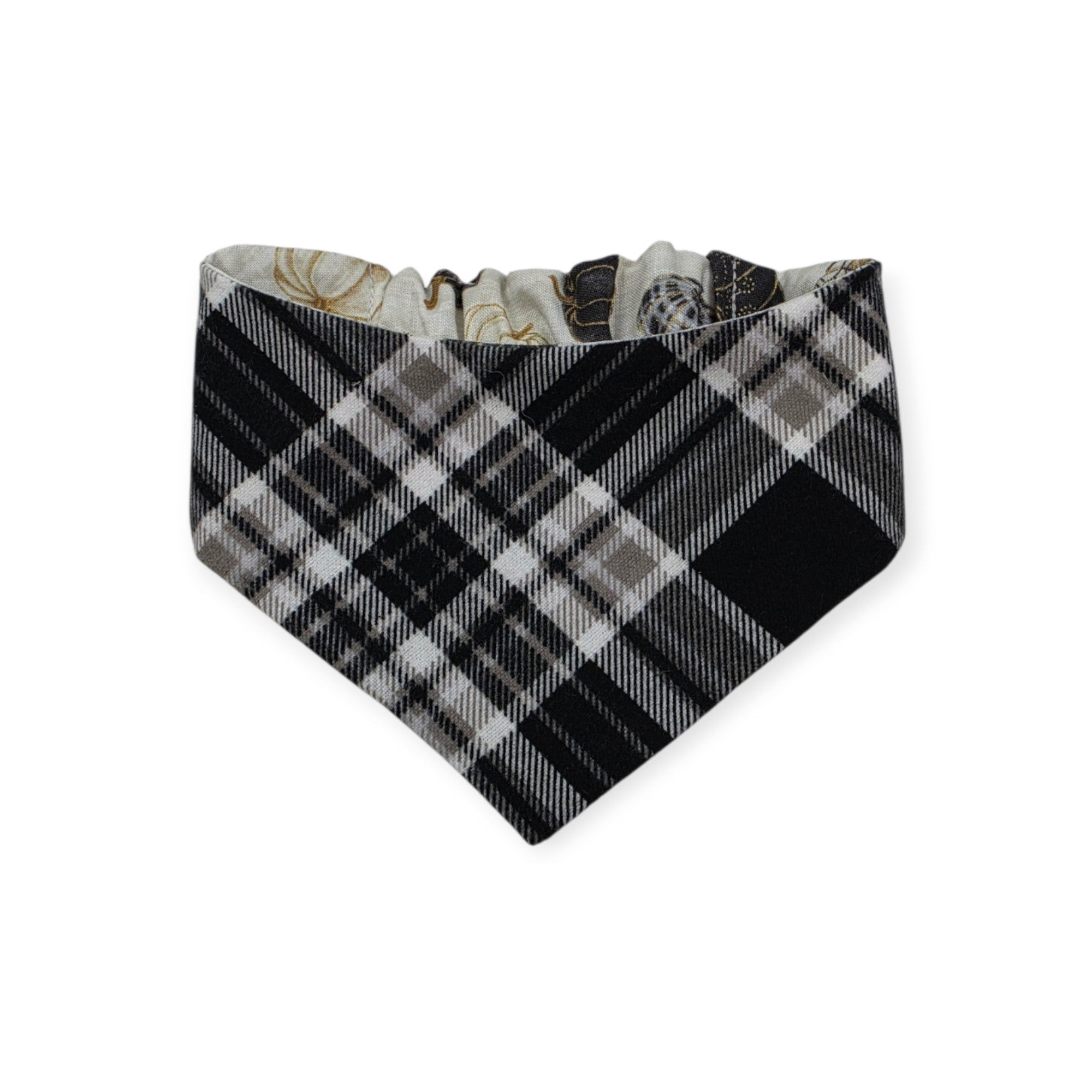 Pumpkin Quilt/Gray & Tan Plaid Reversible Slip-on Scrunchie Bandana (X-Small/Small)