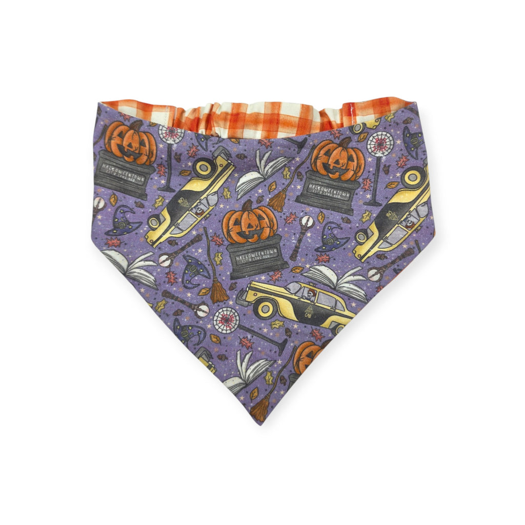 Halloweentown/Orange Painted Gingham Check Reversible Slip-on Scrunchie Bandana (Medium/Large)