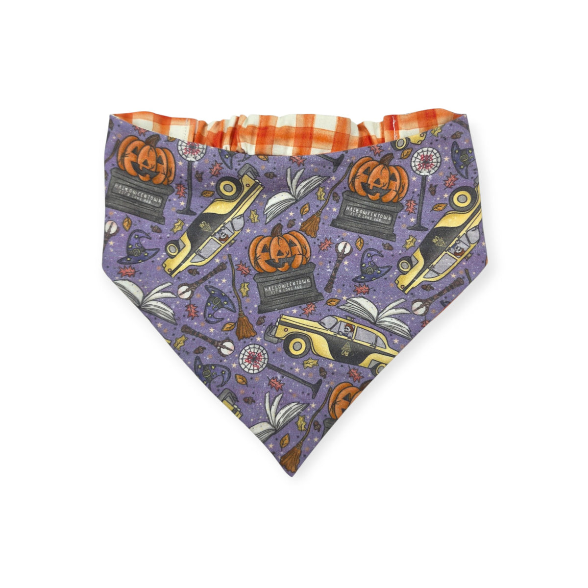 Halloweentown/Orange Painted Gingham Check Reversible Slip-on Scrunchie Bandana (Large)