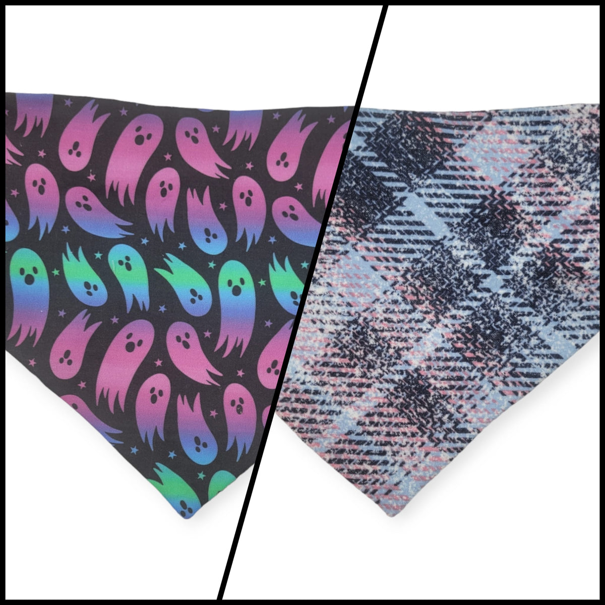 Rainbow Ghosts/Purple Distressed Plaid Slip-on Scrunchie Bandana (Large)