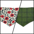 Red Poppy Block Print/Dark Olive Plaid Reversible Tie-on Bandana (Small)