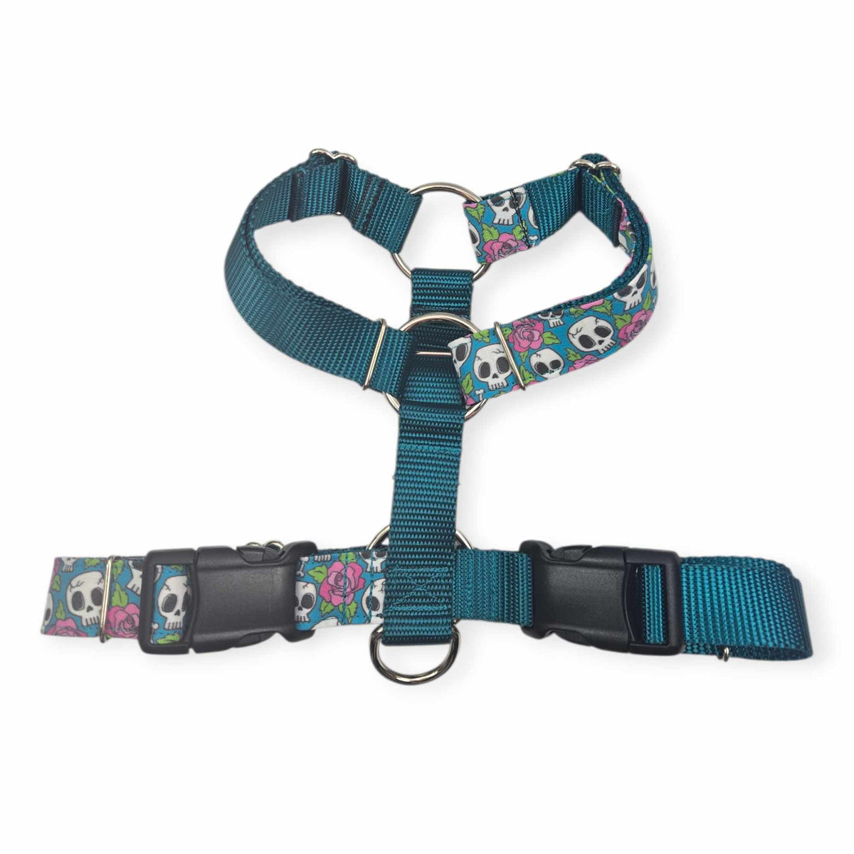 Skulls and Roses Pink on Teal SureFit Harness (Medium)