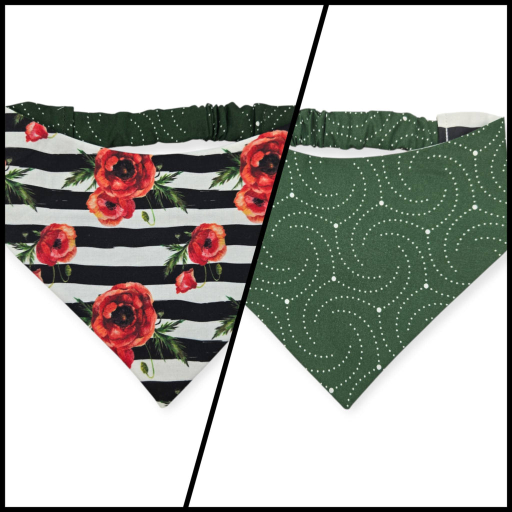 Poppies on Stripes/Dark Olive Swirl Reversible Slip-on Scrunchie Bandana (Large/X-Large)