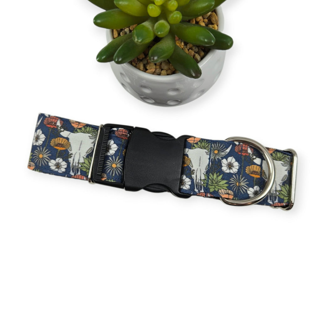 Desert Bloom Cow Skull Dog Collar (Large, 1.5" wide)