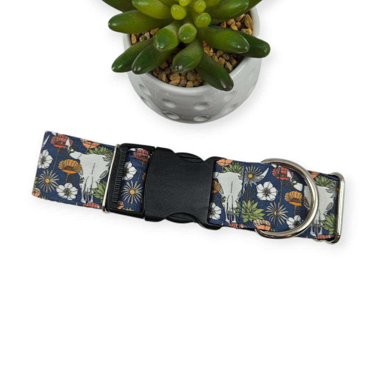 Desert Bloom Cow Skull Dog Collar (Large, 1.5" wide)