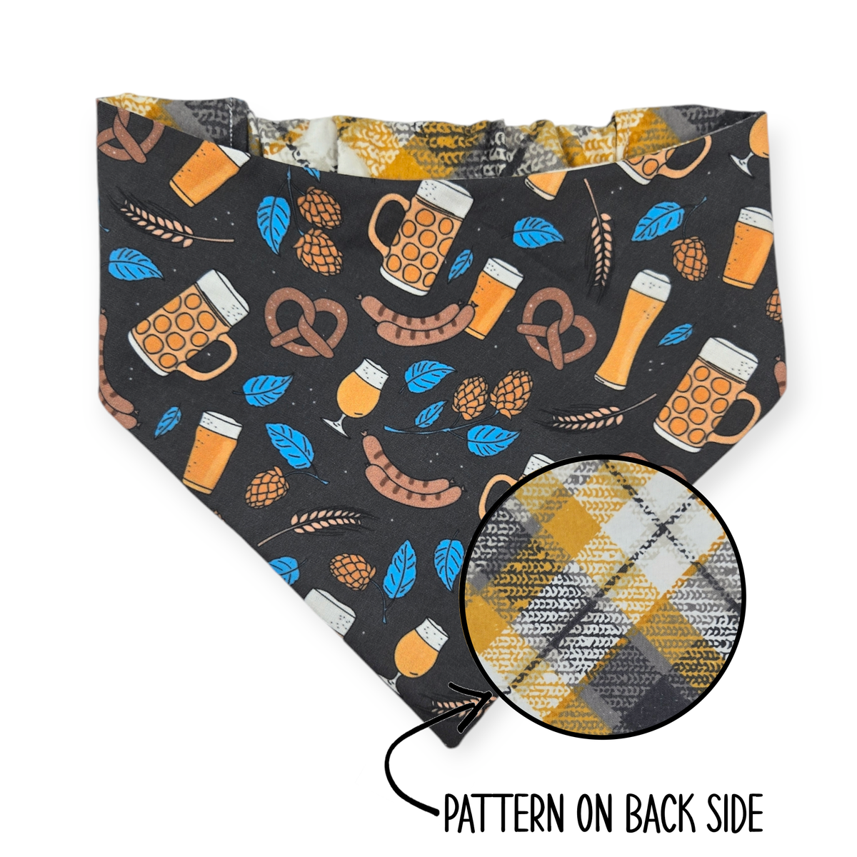 Bavarian Pretzels & Beer/Gray & Mustard Plaid Reversible Bandana