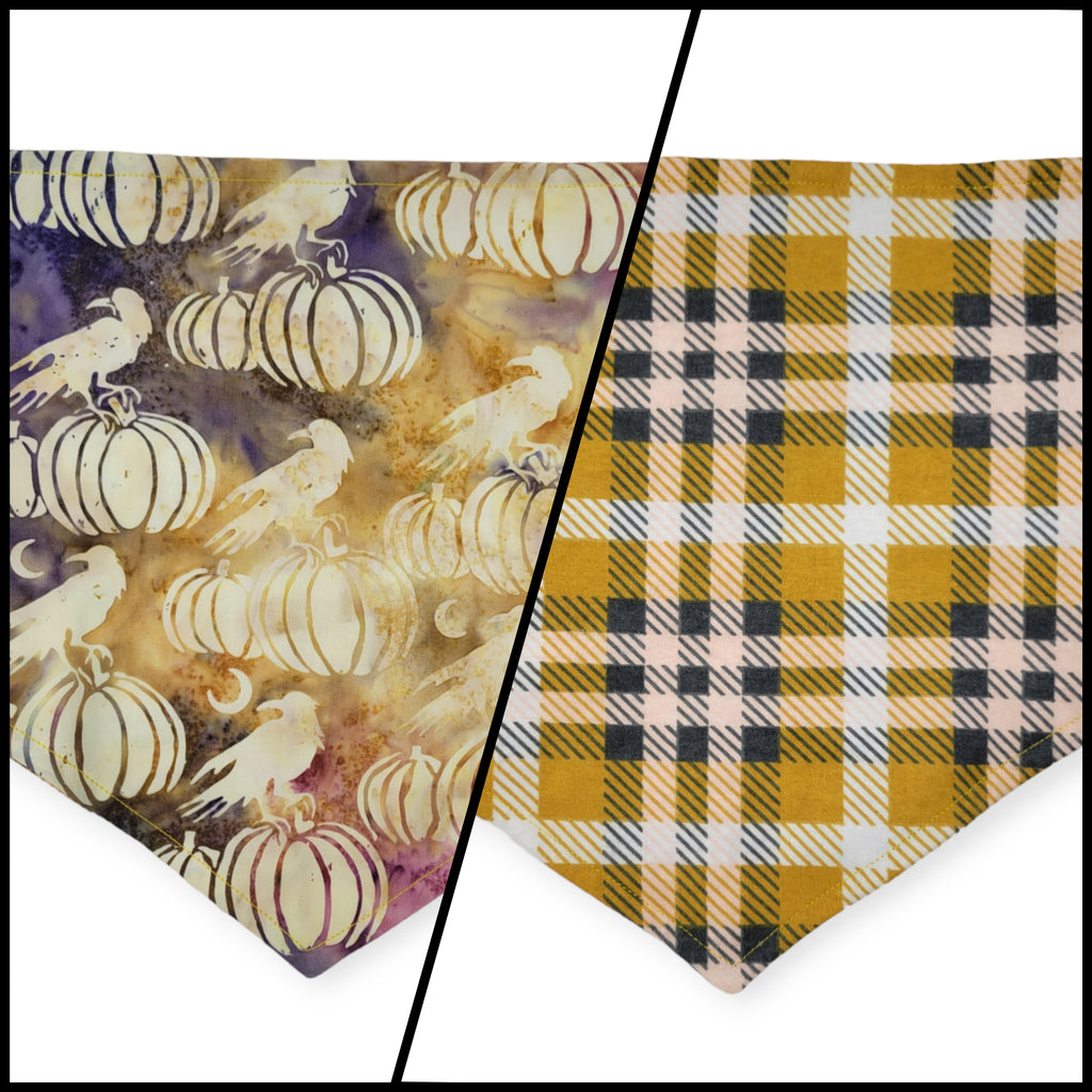 Pumpkin Ravens/Mustard Plaid Reversible Tie-on Bandana (Large)