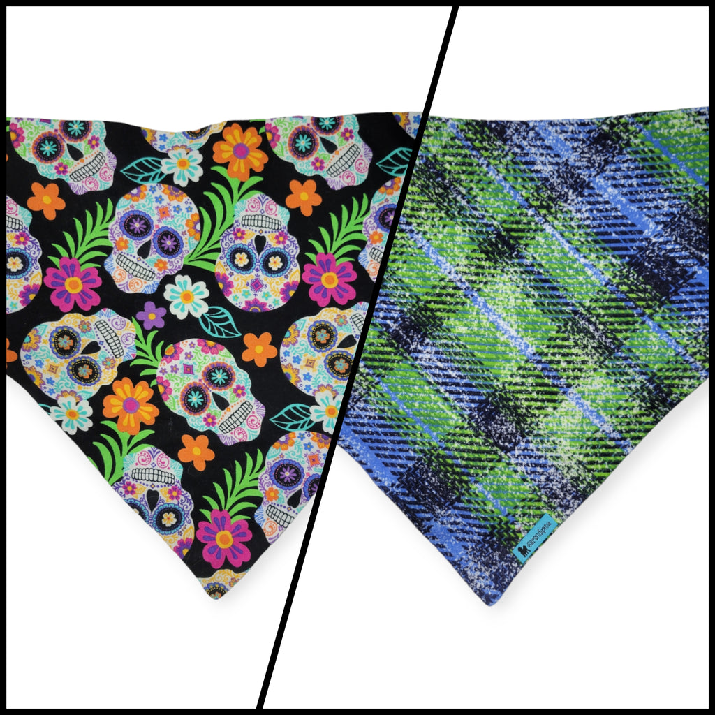 Tropical Sugar Skulls/Distressed Plaid Slip-on Scrunchie Bandana (X-Large)