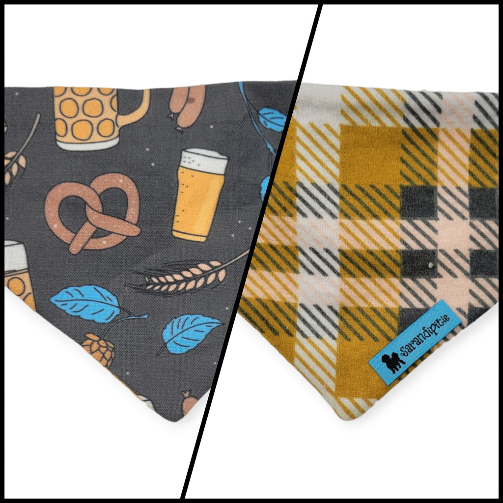 Bavarian Pretzels & Beer/Mustard Plaid Slip-on Scrunchie Bandana (XX-Small)