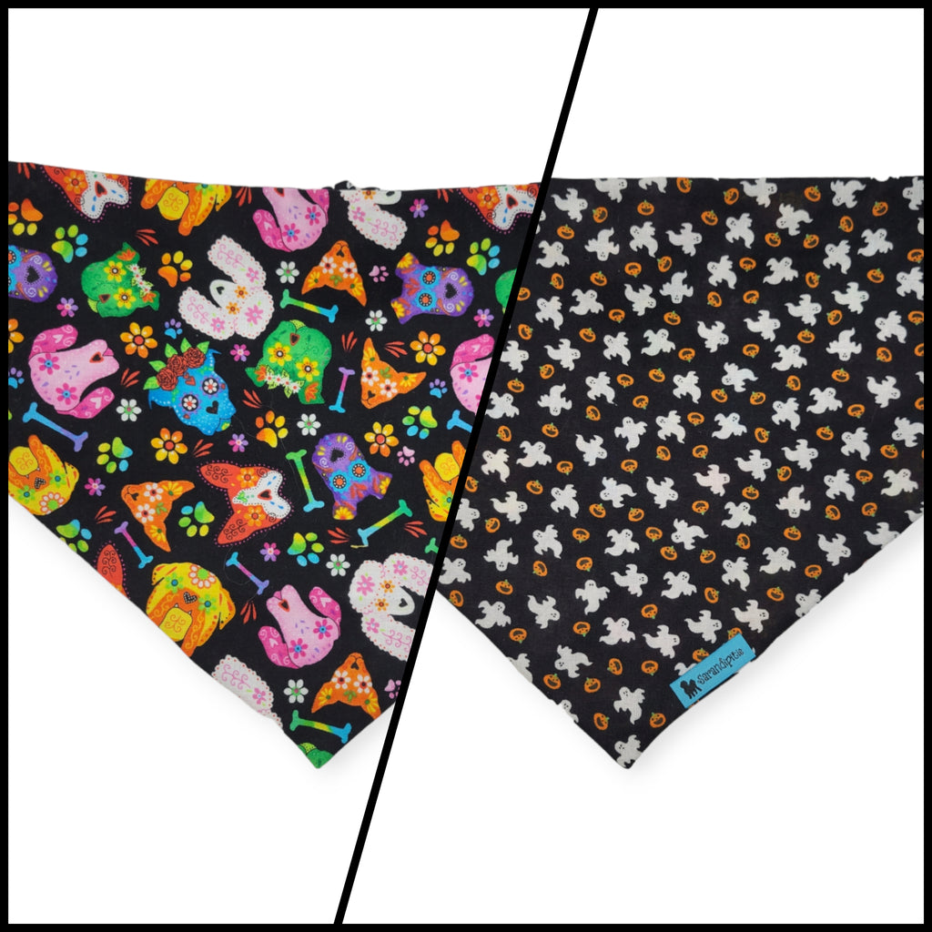 Ghosts/Dog Sugar Skull Slip-on Scrunchie Bandana (Large/X-Large)