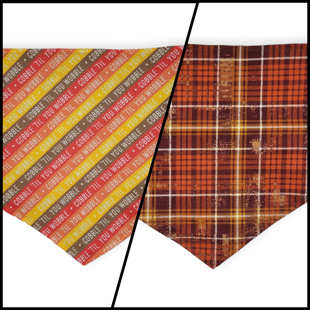 Gobble Til You Wobble/ Brown Plaid Reversible Tie-on Bandana (Large)