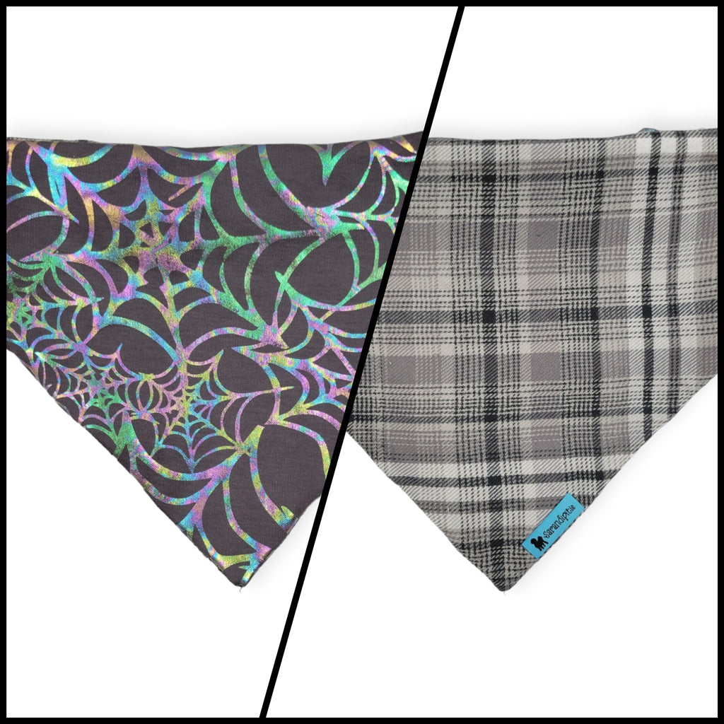 Spiderwebs/ Gray Plaid Slip-on Scrunchie Bandana (Small)
